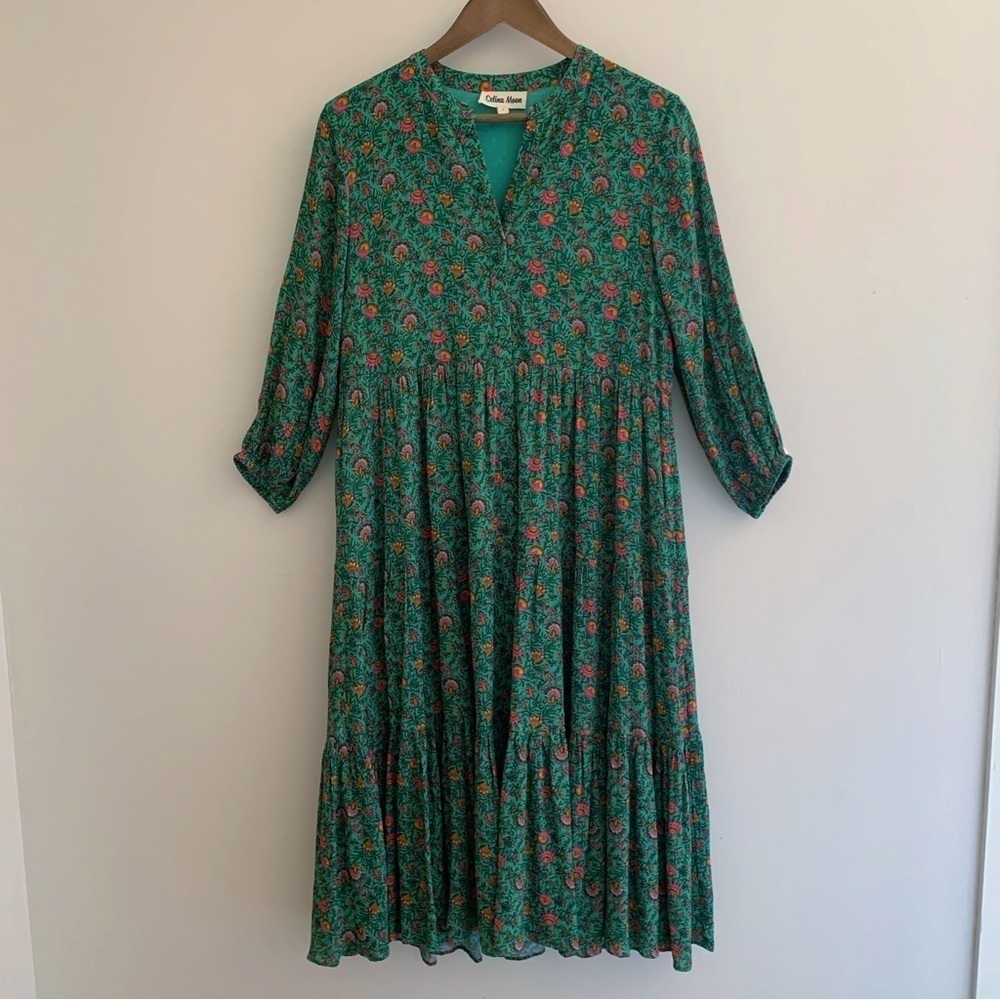 Celina Moon Green Floral Tiered Midi Dress Small Summer Boho